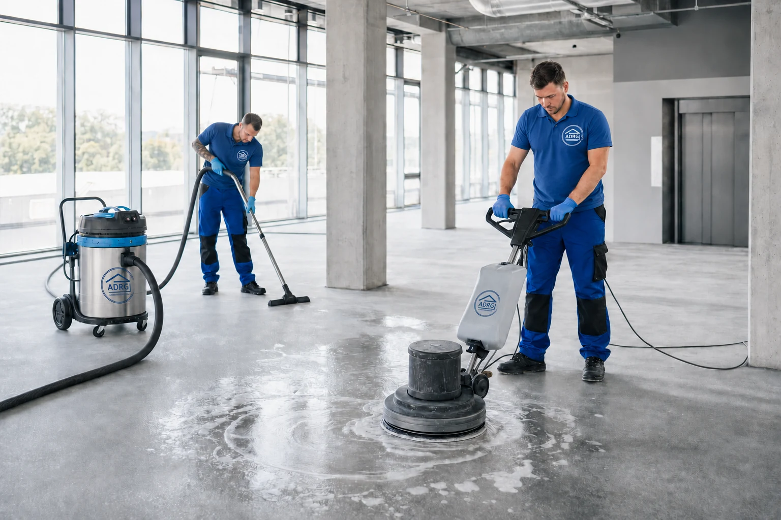 Grundreinigung mit Einscheibenmaschine in Nürnberg ADRG Team bei der Grundreinigung eines Industriefußbodens