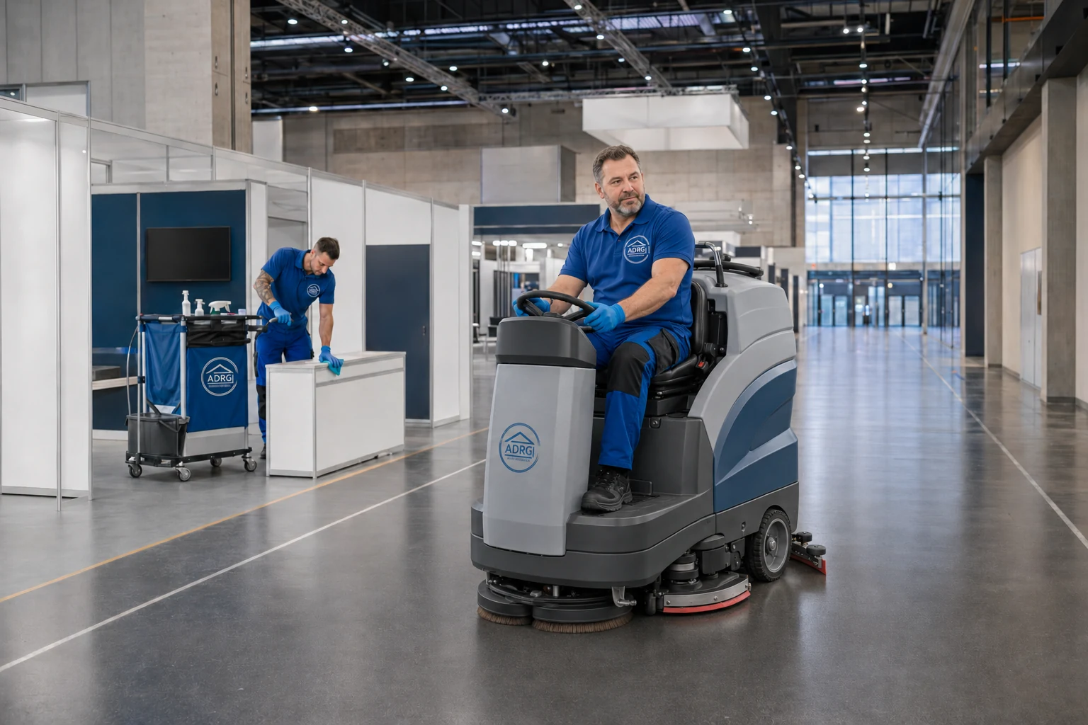 Industrie- und Hallenreinigung Nürnberg ADRG Aufsitz-Scheuersaugmaschine in einer großen Halle